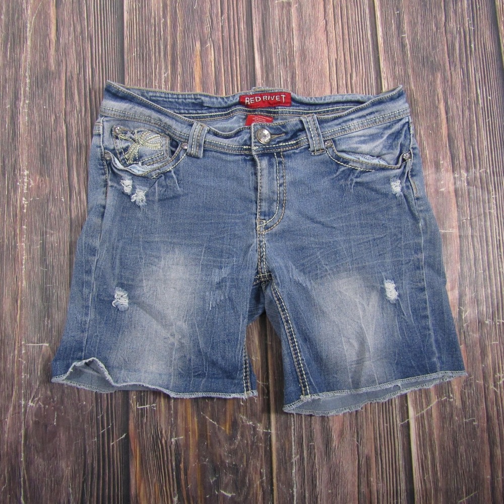 Red Rivet Juniors Size 9 Blue Denim Cut-Off Shorts Rhinestone Stretch Summer
